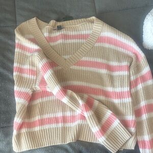 Striped V-Neck Sweater - Pink and Tan